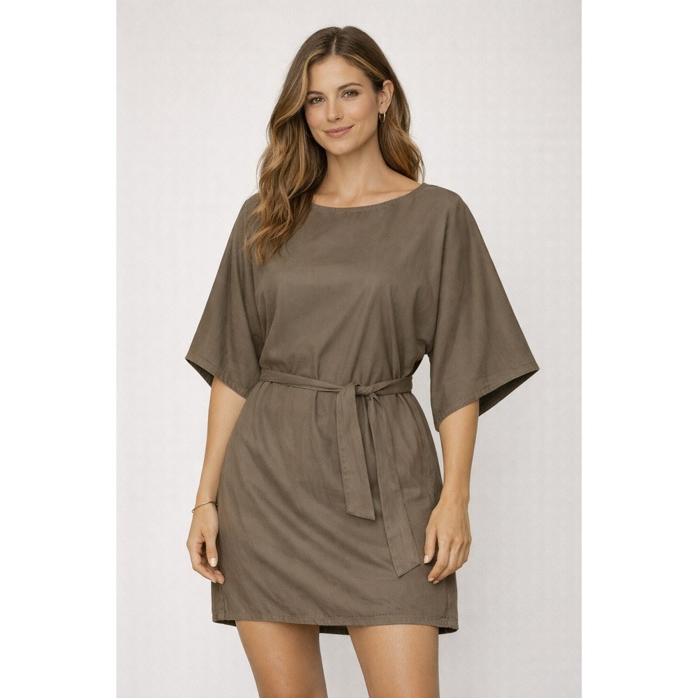 Tommy Bahama XS Taupe Cupro Cotton Dolman Sleeve Belted Tunic Dress Relaxed Fit